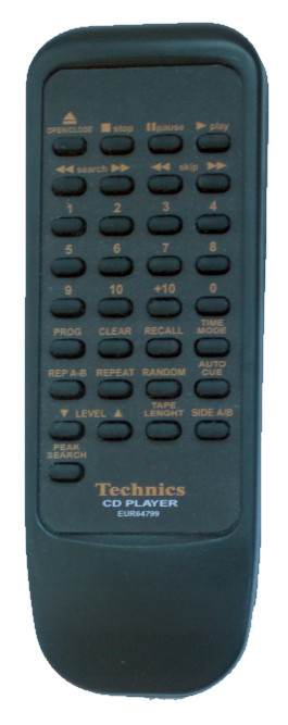 Ersatzfernbedienung Technics EUR64796 für den SL-P277A, mit identischer Beschriftung.
