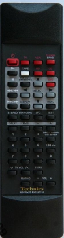 Technics EUR647139 náhradný diaľkový ovládač s rovnakým popisom tlačítek.